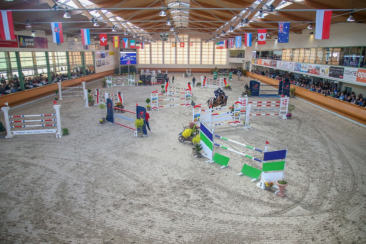 The indoor arena with a full course set