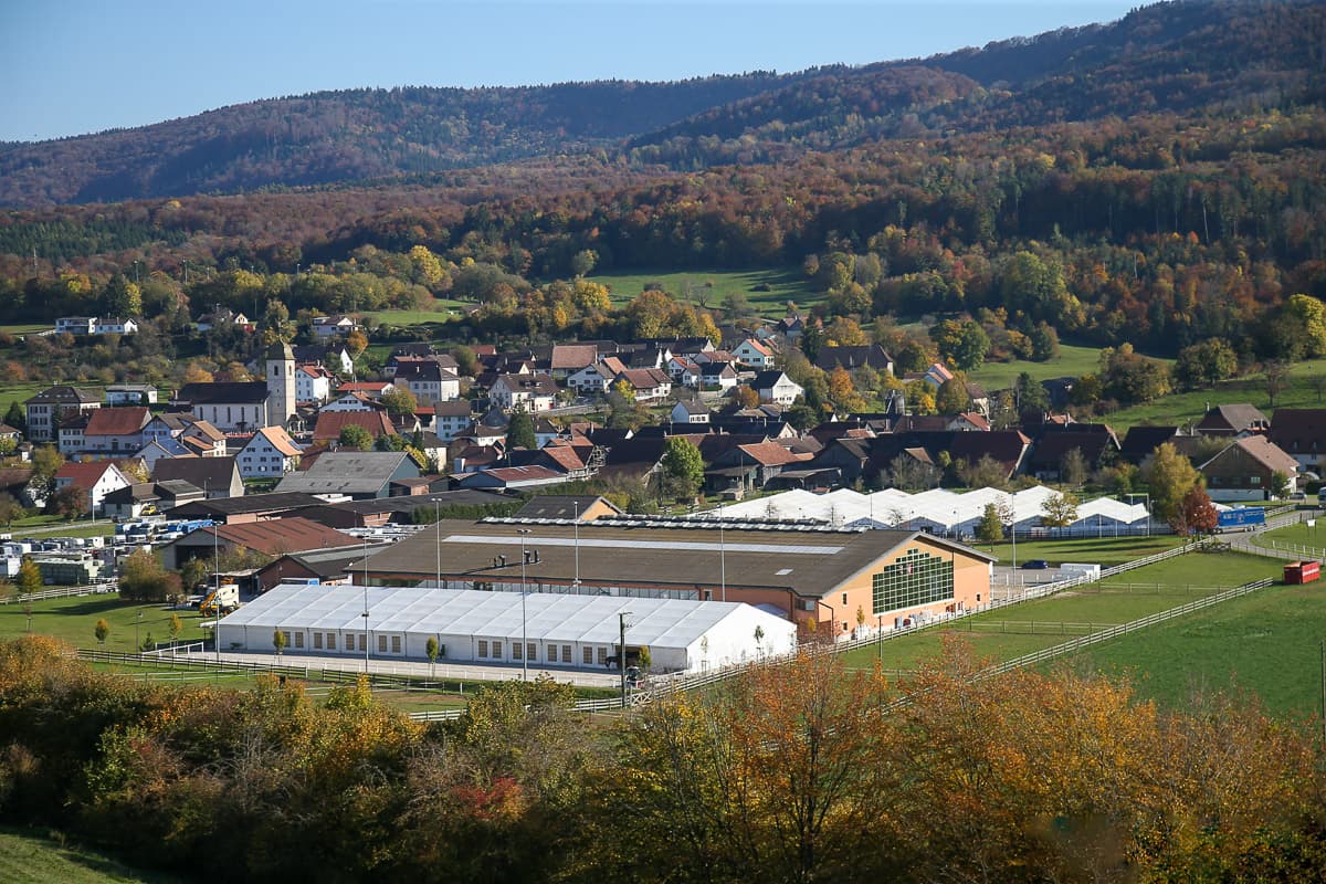 Aerial view of the centre and the village of Chevenez in autumn